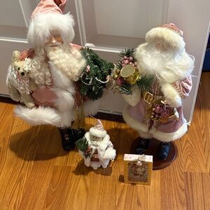 Charming Holiday Santa Claus Figurine Set in Pink and White